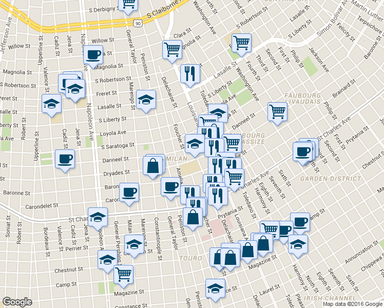 map of restaurants, bars, coffee shops, grocery stores, and more near 1916 Delachaise Street in New Orleans