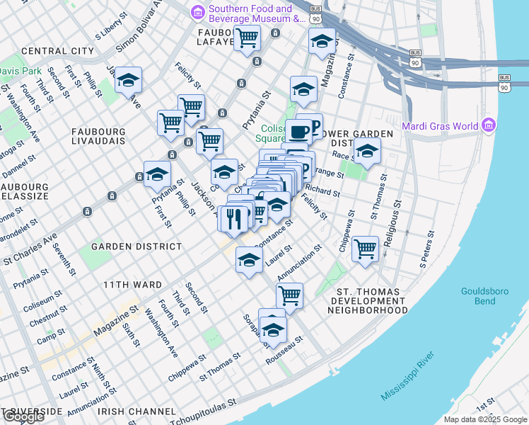 map of restaurants, bars, coffee shops, grocery stores, and more near 2039 Magazine Street in New Orleans
