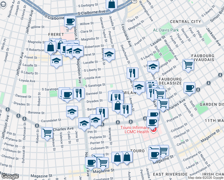 map of restaurants, bars, coffee shops, grocery stores, and more near 2007 General Taylor in New Orleans