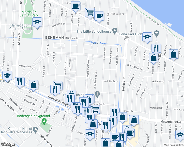 map of restaurants, bars, coffee shops, grocery stores, and more near 2144 Westbend Parkway in New Orleans