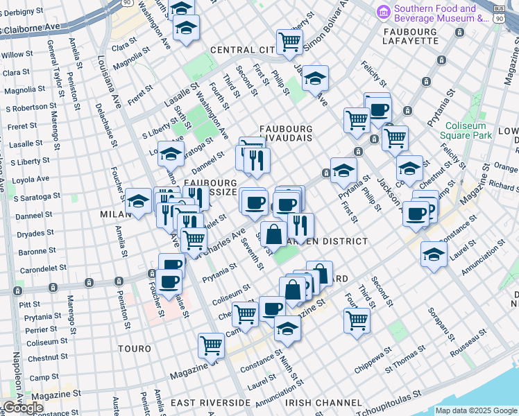 map of restaurants, bars, coffee shops, grocery stores, and more near in New Orleans
