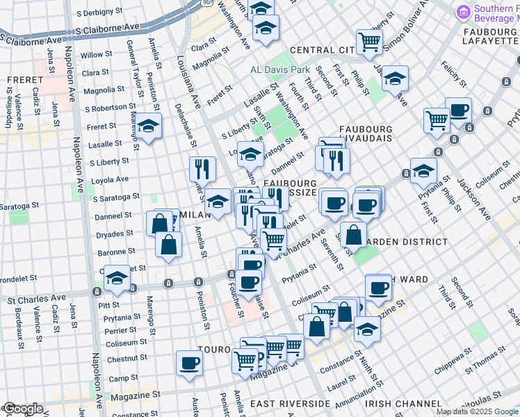 map of restaurants, bars, coffee shops, grocery stores, and more near 1820 Toledano Street in New Orleans