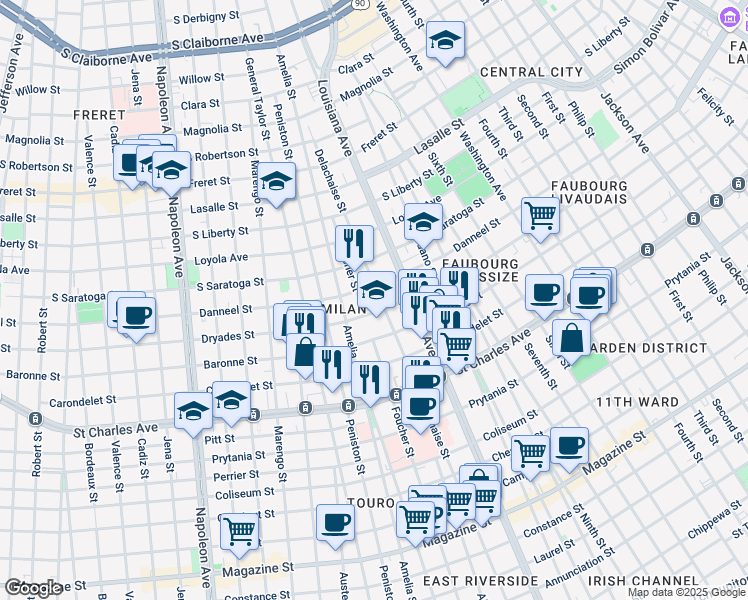 map of restaurants, bars, coffee shops, grocery stores, and more near 1916 Delachaise Street in New Orleans