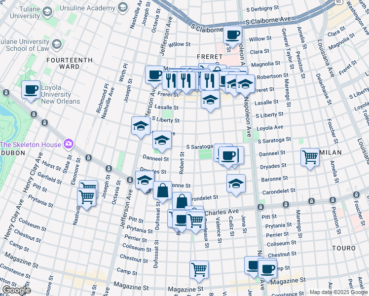 map of restaurants, bars, coffee shops, grocery stores, and more near 4920 South Saratoga Street in New Orleans