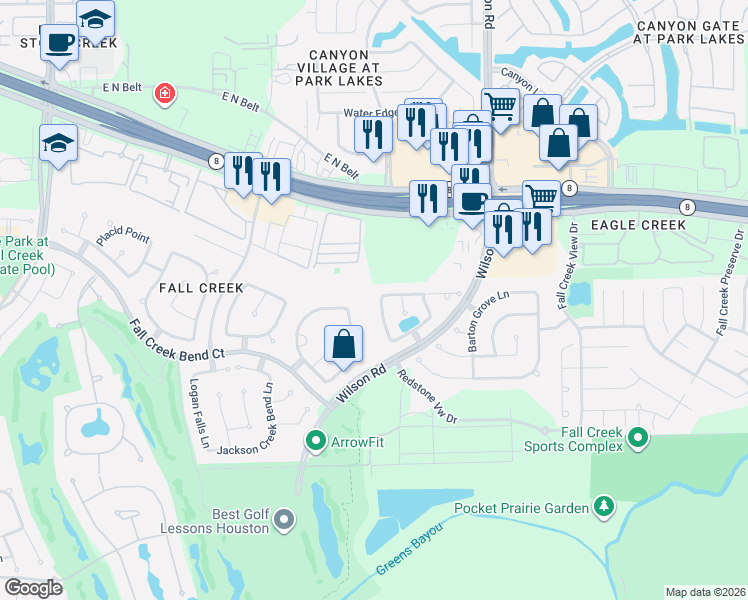 map of restaurants, bars, coffee shops, grocery stores, and more near 14843 Ashford Springs Lane in Humble