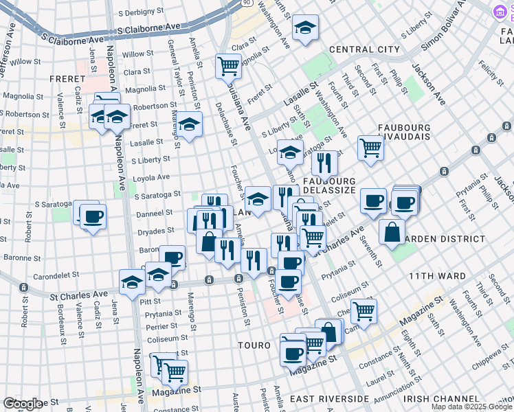 map of restaurants, bars, coffee shops, grocery stores, and more near 1916 Delachaise Street in New Orleans