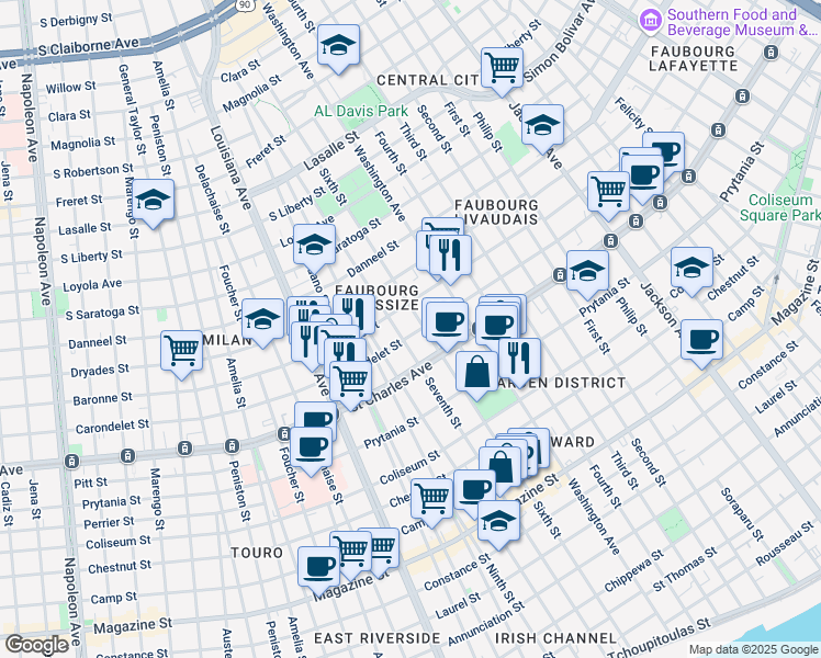 map of restaurants, bars, coffee shops, grocery stores, and more near 2913 Carondelet Street in New Orleans