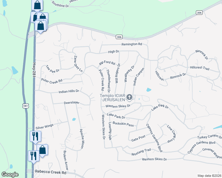 map of restaurants, bars, coffee shops, grocery stores, and more near 420 Thunderhead Drive in Spring Branch