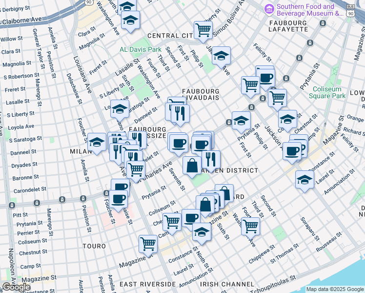 map of restaurants, bars, coffee shops, grocery stores, and more near 2825 St Charles Ave in New Orleans