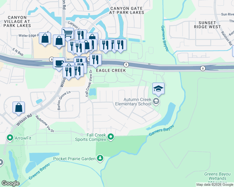 map of restaurants, bars, coffee shops, grocery stores, and more near 14903 Ashley Creek Court in Humble