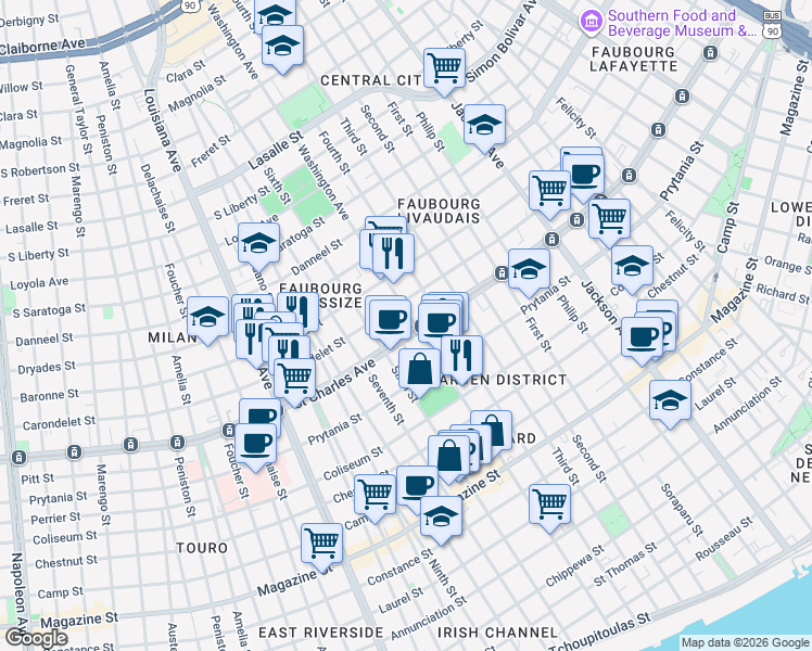 map of restaurants, bars, coffee shops, grocery stores, and more near 2809 Saint Charles Avenue in New Orleans