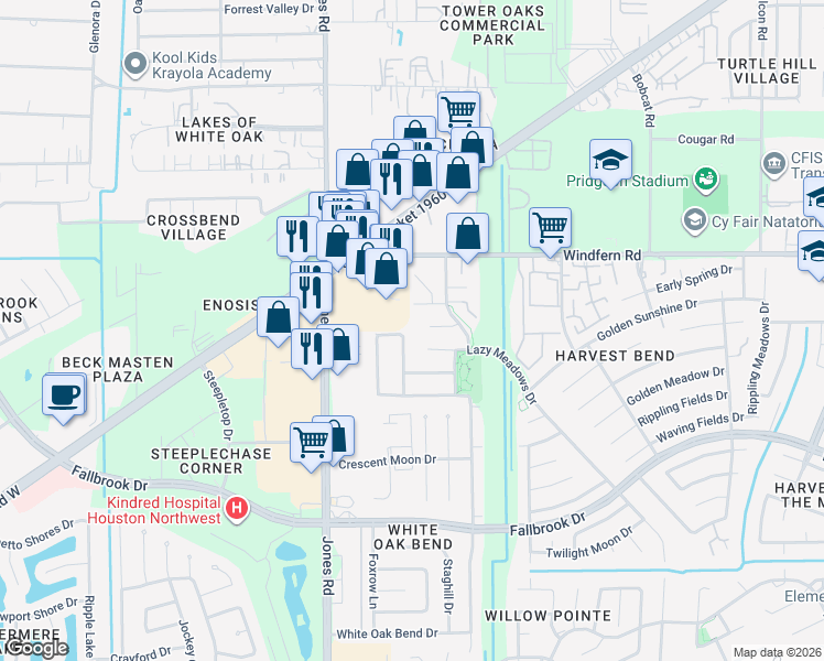 map of restaurants, bars, coffee shops, grocery stores, and more near 10734 Whispering Meadows Trail in Houston