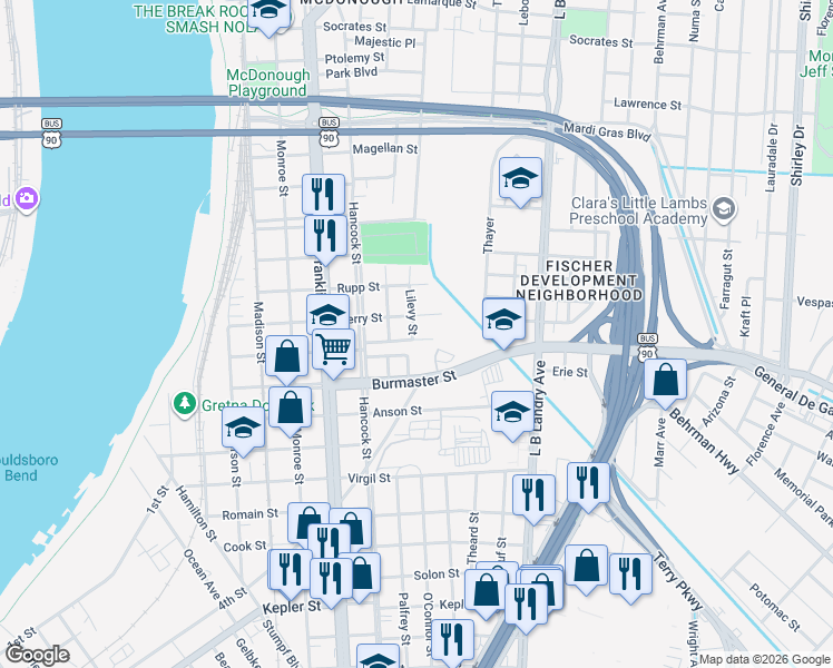 map of restaurants, bars, coffee shops, grocery stores, and more near 1107 Isbell Street in Gretna