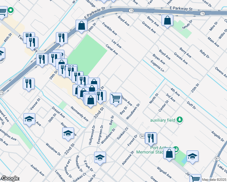 map of restaurants, bars, coffee shops, grocery stores, and more near 5101 32nd Street in Groves