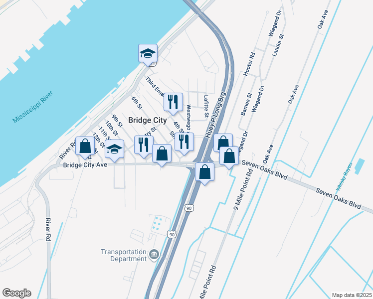 map of restaurants, bars, coffee shops, grocery stores, and more near 1140 Westwego Avenue in Bridge City