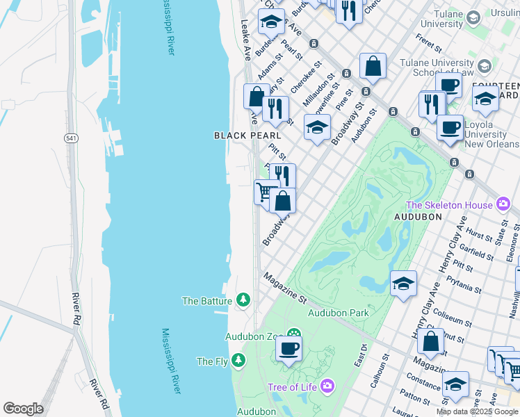 map of restaurants, bars, coffee shops, grocery stores, and more near 17 Leake Avenue in New Orleans