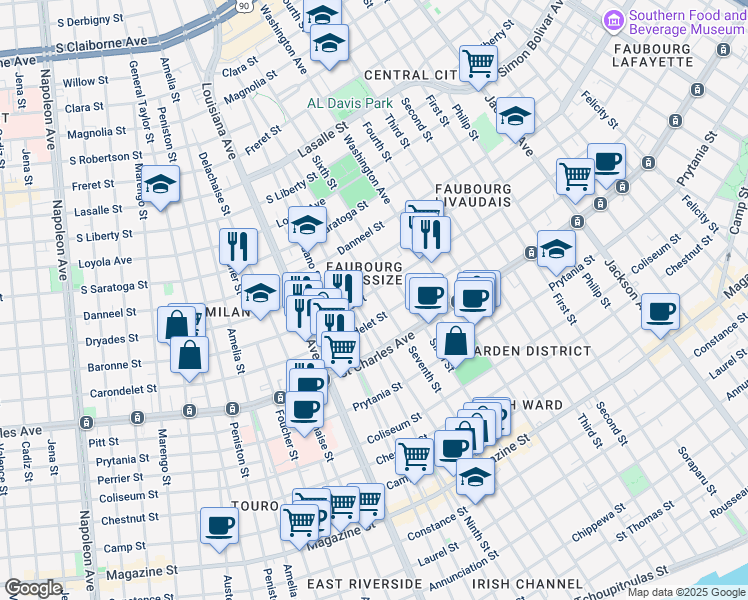 map of restaurants, bars, coffee shops, grocery stores, and more near 1724 7th Street in New Orleans