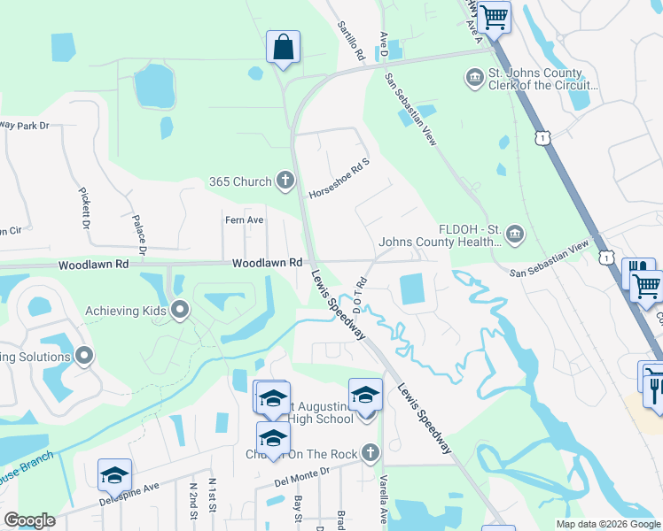 map of restaurants, bars, coffee shops, grocery stores, and more near 425 Roosevelt Terrace Road in St. Augustine