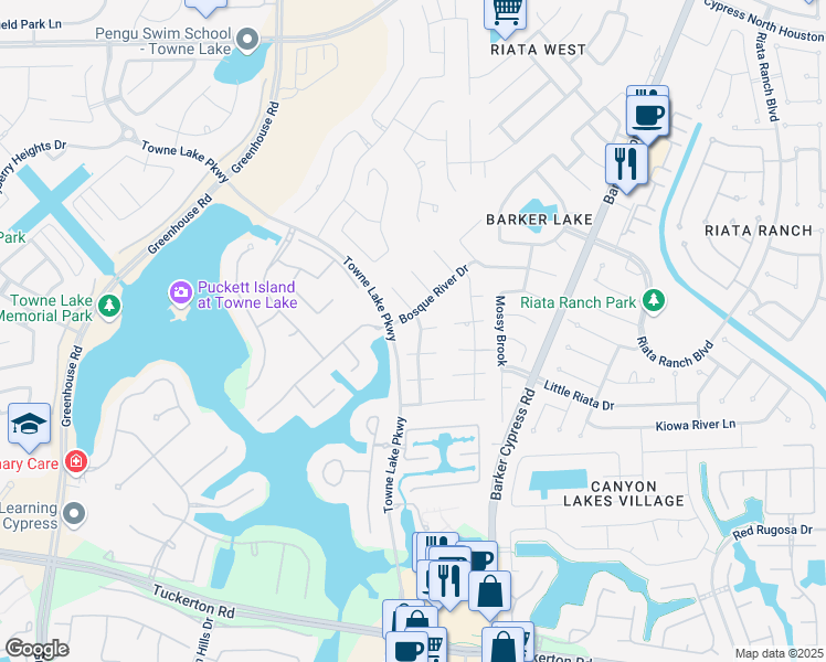 map of restaurants, bars, coffee shops, grocery stores, and more near 10415 Three Rivers Way in Harris County