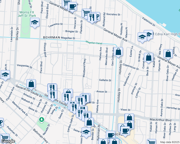 map of restaurants, bars, coffee shops, grocery stores, and more near 2144 Westbend Parkway in New Orleans