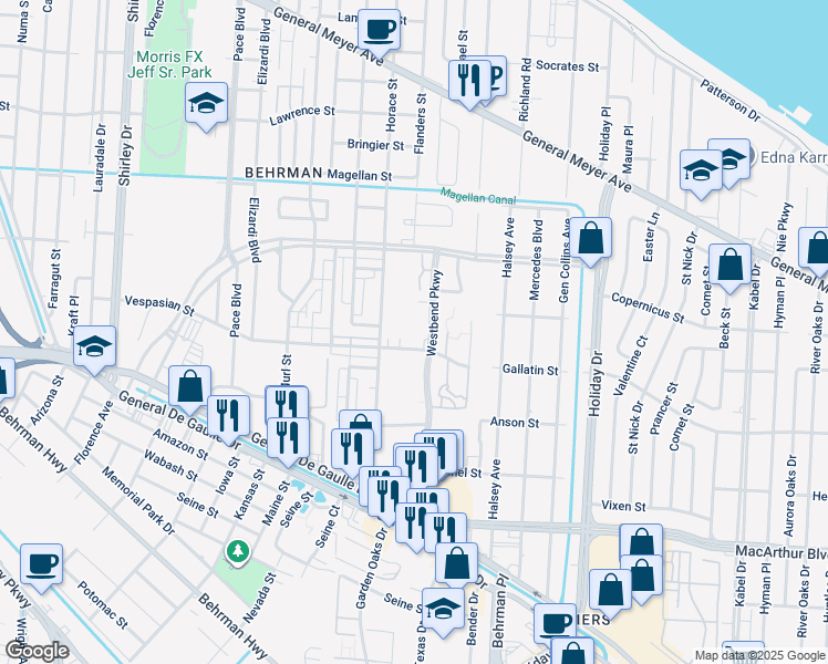 map of restaurants, bars, coffee shops, grocery stores, and more near 3522 Vespasian Boulevard in New Orleans