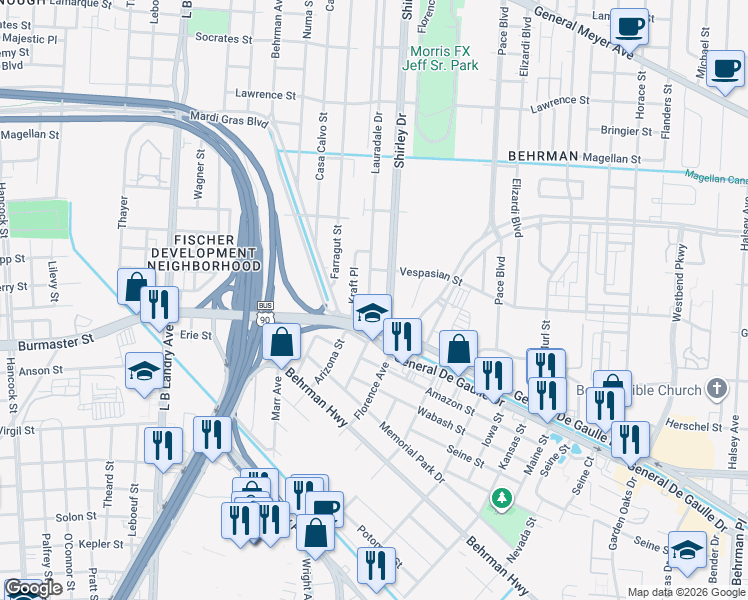 map of restaurants, bars, coffee shops, grocery stores, and more near 2420 Lauradale Drive in New Orleans