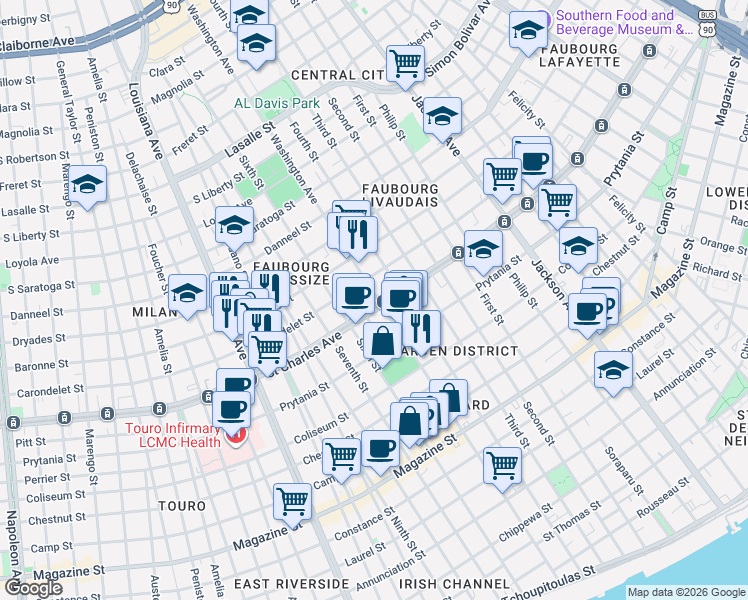 map of restaurants, bars, coffee shops, grocery stores, and more near 2833 Saint Charles Avenue in New Orleans