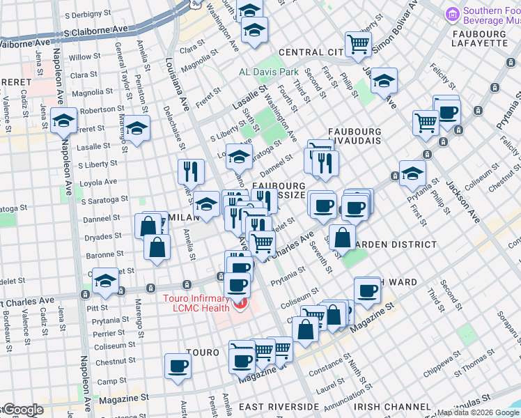 map of restaurants, bars, coffee shops, grocery stores, and more near 1820 Toledano Street in New Orleans