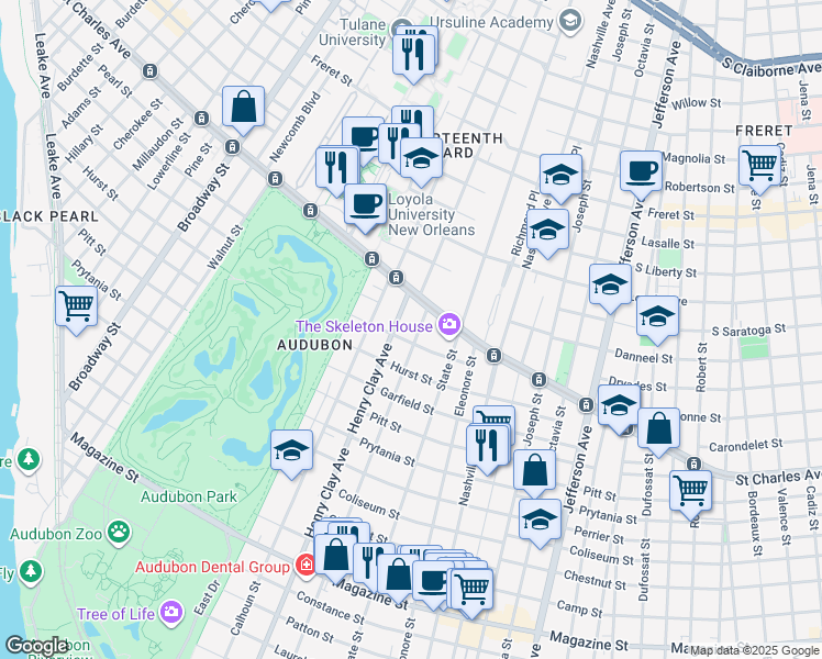 map of restaurants, bars, coffee shops, grocery stores, and more near 1556 Webster Street in New Orleans