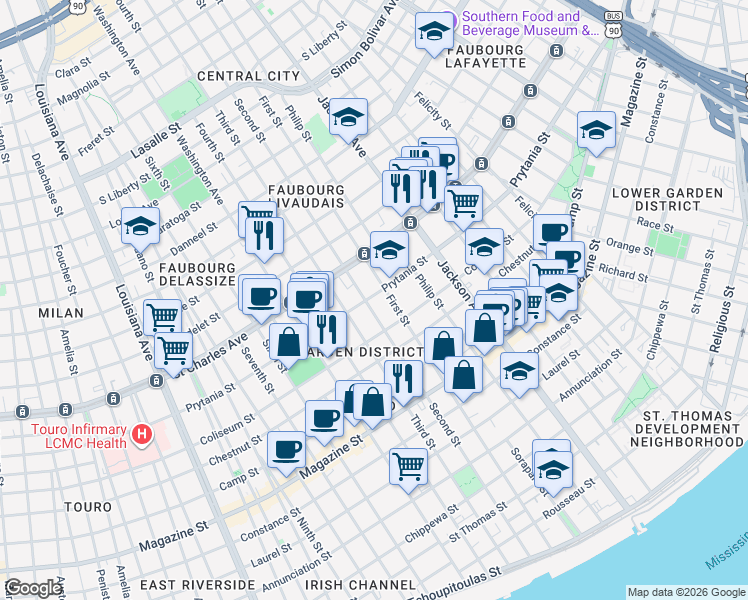 map of restaurants, bars, coffee shops, grocery stores, and more near 1451 Second Street in New Orleans