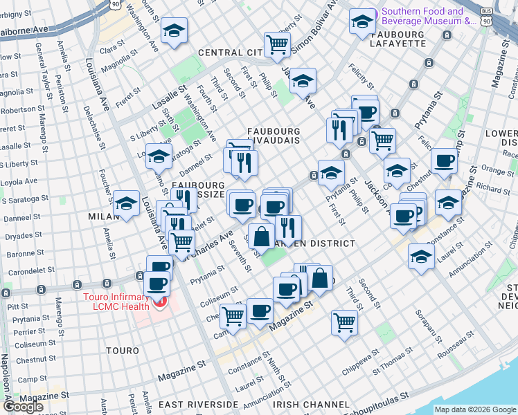 map of restaurants, bars, coffee shops, grocery stores, and more near 2720 Saint Charles Avenue in New Orleans