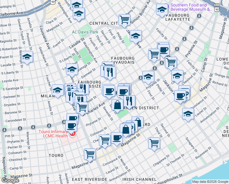 map of restaurants, bars, coffee shops, grocery stores, and more near 2833 Saint Charles Avenue in New Orleans