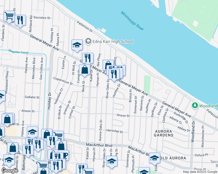 map of restaurants, bars, coffee shops, grocery stores, and more near 4800 Copernicus Street in New Orleans