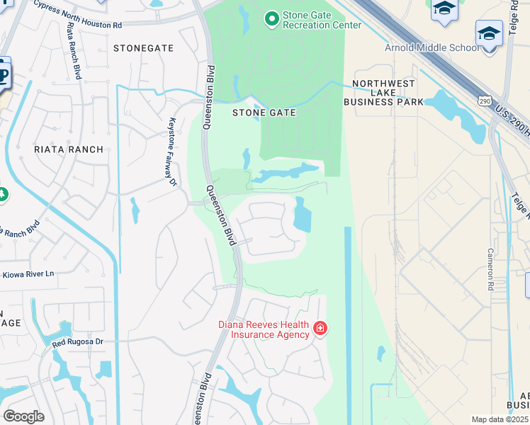map of restaurants, bars, coffee shops, grocery stores, and more near 16514 Willow Fairway Drive in Houston