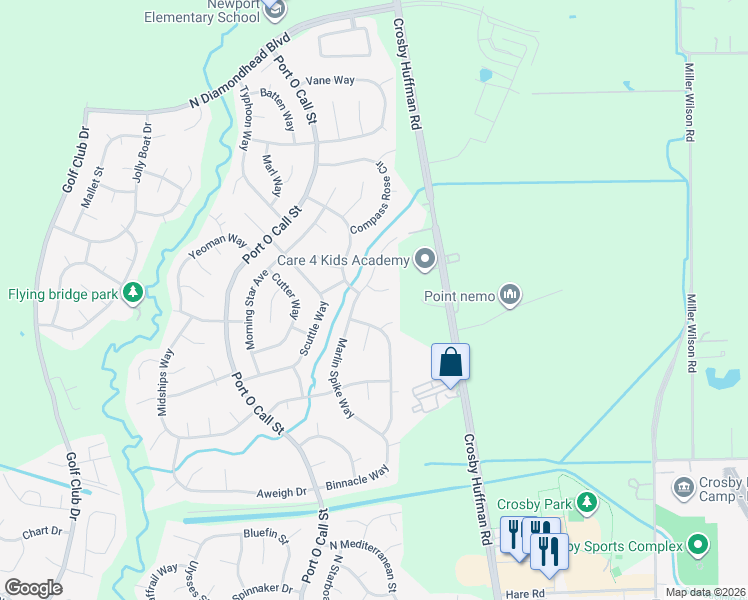 map of restaurants, bars, coffee shops, grocery stores, and more near 319 Squall Court in Crosby