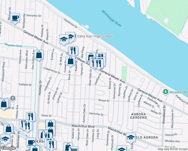 map of restaurants, bars, coffee shops, grocery stores, and more near 4800 Copernicus Street in New Orleans