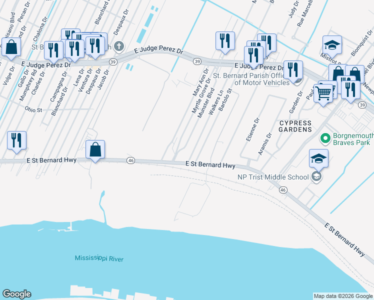 map of restaurants, bars, coffee shops, grocery stores, and more near 2015 Walkers Lane in Meraux