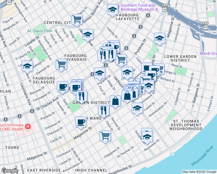 map of restaurants, bars, coffee shops, grocery stores, and more near 1435 First Street in New Orleans