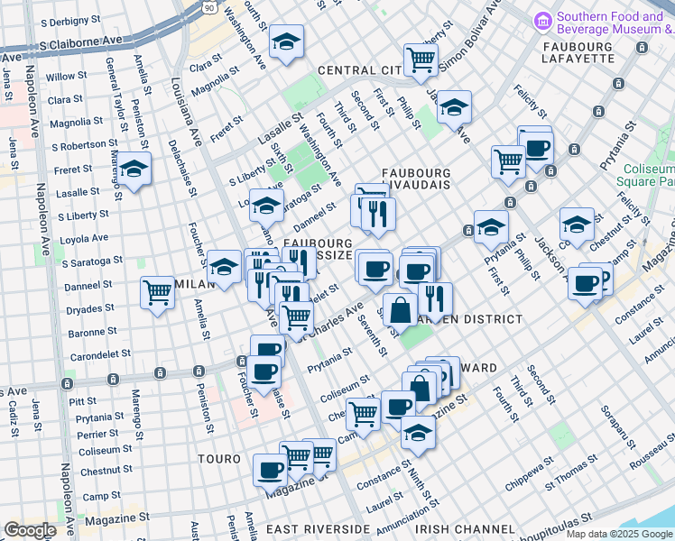 map of restaurants, bars, coffee shops, grocery stores, and more near 2913 Carondelet Street in New Orleans