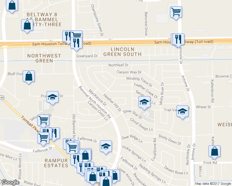 map of restaurants, bars, coffee shops, grocery stores, and more near 7014 Trail Valley Way in Houston