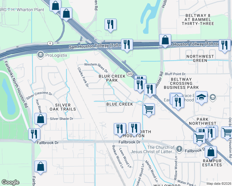 map of restaurants, bars, coffee shops, grocery stores, and more near 15235 Henson Creek Drive in Houston