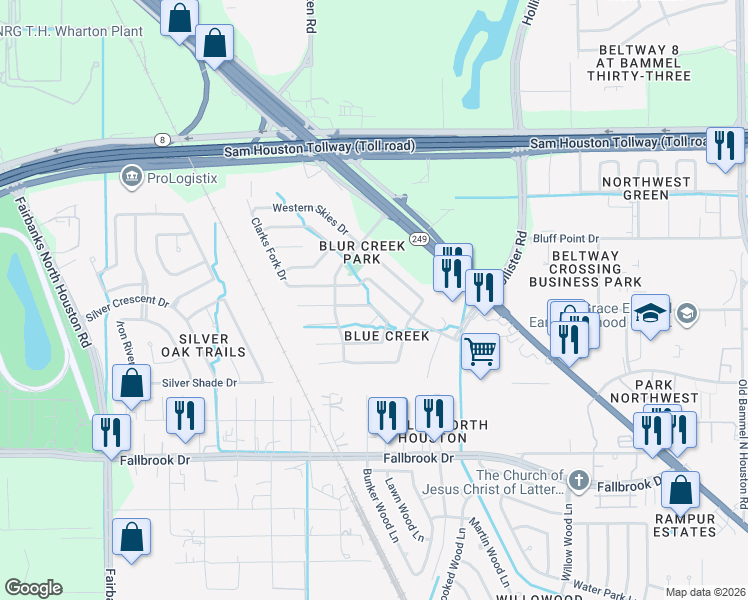 map of restaurants, bars, coffee shops, grocery stores, and more near 15235 Henson Creek Drive in Houston