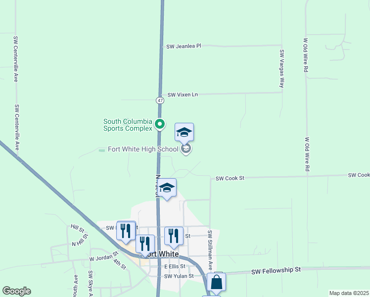 map of restaurants, bars, coffee shops, grocery stores, and more near 17828 Florida 47 in Fort White