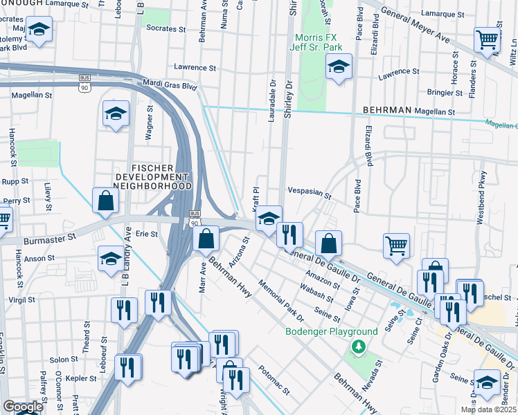 map of restaurants, bars, coffee shops, grocery stores, and more near 2332 Kraft Place in New Orleans