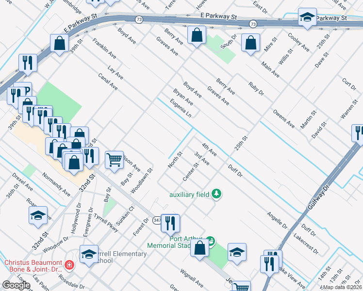 map of restaurants, bars, coffee shops, grocery stores, and more near 5245 North Street in Groves