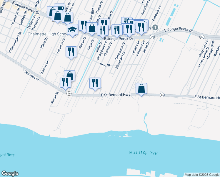 map of restaurants, bars, coffee shops, grocery stores, and more near 2012 Lena Drive in Chalmette