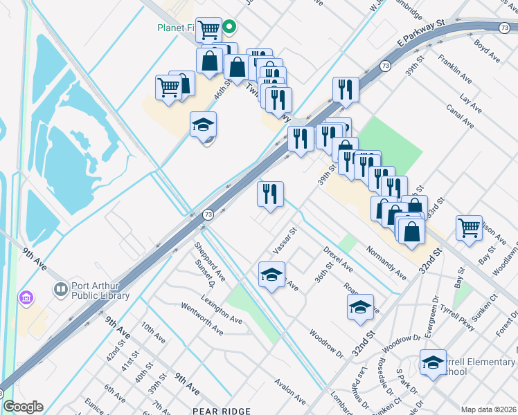 map of restaurants, bars, coffee shops, grocery stores, and more near 4513 Briarwood Lane in Port Arthur