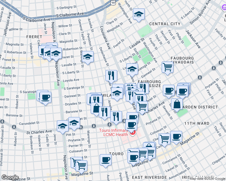 map of restaurants, bars, coffee shops, grocery stores, and more near 1916 Delachaise Street in New Orleans