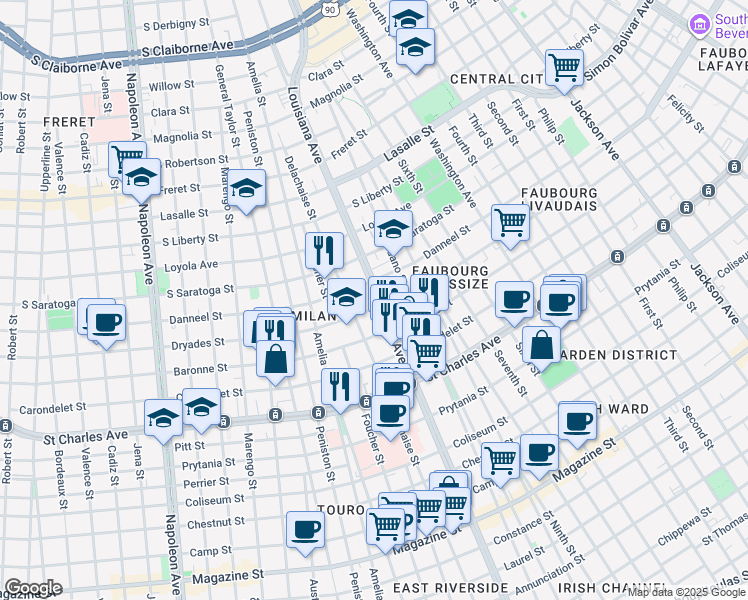 map of restaurants, bars, coffee shops, grocery stores, and more near 1838 Louisiana Avenue in New Orleans