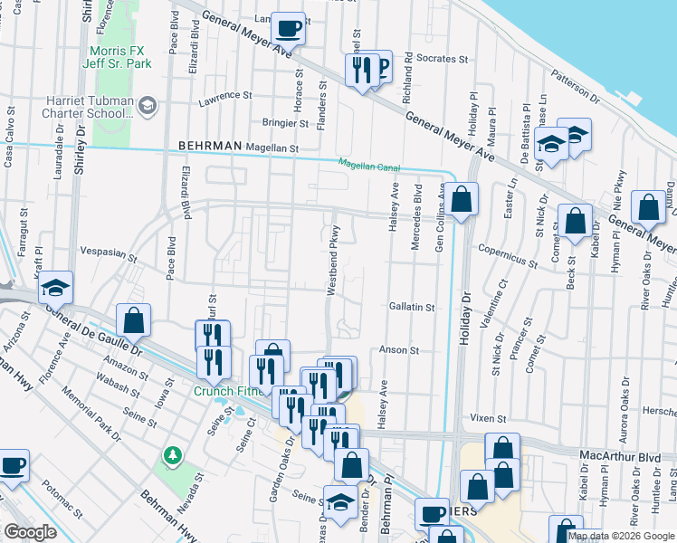 map of restaurants, bars, coffee shops, grocery stores, and more near 2144 Westbend Parkway in New Orleans